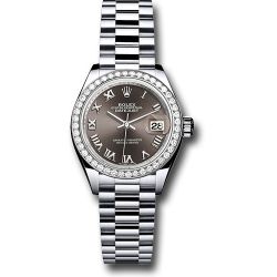  *Pre-Owned* Rolex Platinum Lady-Datejust 28 Watch - 44 Diamond Bezel - Dark Grey Roman Dial - President Bracelet