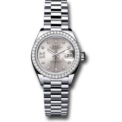  *Pre-Owned* Rolex Platinum Lady-Datejust 28 Watch - 44 Diamond Bezel - Silver Diamond Star Dial - President Bracelet