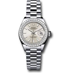  *Pre-Owned* Rolex Platinum Lady-Datejust 28 Watch - 44 Diamond Bezel - Silver Index Dial - President Bracelet