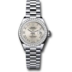  *Pre-Owned* Rolex Platinum Lady-Datejust 28 Watch - 44 Diamond Bezel - Silver Roman Dial - President Bracelet