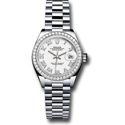  *Pre-Owned* Rolex Platinum Lady-Datejust 28 Watch - 44 Diamond Bezel - White Roman Dial - President Bracelet