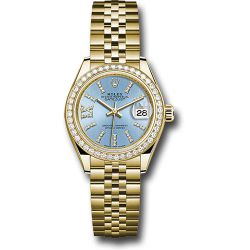  *Pre-Owned* Rolex Yellow Gold Lady-Datejust 28 Watch - 44 Diamond Bezel - Cornflower Blue Stripe Diamond Index Dial - Jubilee Bracelet
