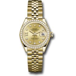  *Pre-Owned* Rolex Yellow Gold Lady-Datejust 28 Watch - 44 Diamond Bezel - Cornflower Blue Stripe Diamond Index Dial - President Bracelet