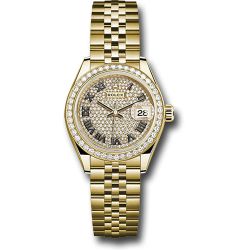  *Pre-Owned* Rolex Yellow Gold Lady-Datejust 28 Watch - 44 Diamond Bezel - Diamond Paved Roman Dial - Jubilee Bracelet
