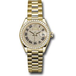  *Pre-Owned* Rolex Yellow Gold Lady-Datejust 28 Watch - 44 Diamond Bezel - Diamond Paved Roman Dial - President Bracelet