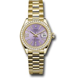  *Pre-Owned* Rolex Yellow Gold Lady-Datejust 28 Watch - 44 Diamond Bezel - Lilac Stripe Diamond Index Dial - President Bracelet
