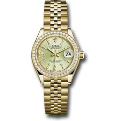   *Pre-Owned* Rolex Yellow Gold Lady-Datejust 28 Watch - 44 Diamond Bezel - Linden Green Strip Diamond Index Dial - Jubilee Bracelet