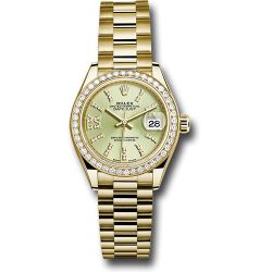  *Pre-Owned* Rolex Yellow Gold Lady-Datejust 28 Watch - 44 Diamond Bezel - Linden Green Strip Diamond Index Dial - President Bracelet