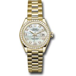  *Pre-Owned* Rolex Yellow Gold Lady-Datejust 28 Watch - 44 Diamond Bezel - Mother-of-Pearl Diamond Dial - President Bracelet