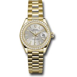  *Pre-Owned* Rolex Yellow Gold Lady-Datejust 28 Watch - 44 Diamond Bezel - Silver Index Dial - President Bracelet