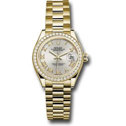  *Pre-Owned* Rolex Yellow Gold Lady-Datejust 28 Watch - 44 Diamond Bezel - Silver Roman Dial - President Bracelet