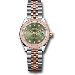  *Pre-Owned* Rolex Steel and Everose Gold Rolesor Lady-Datejust 28 Watch - Domed Bezel - Olive Green Diamond Dial - Jubilee Bracelet