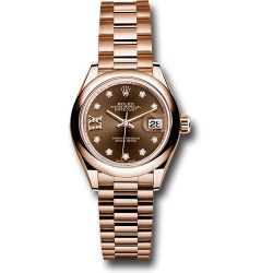  *Pre-Owned* Rolex Everose Gold Lady-Datejust 28 Watch - Domed Bezel - Chocolate Diamond Star Dial - President Bracelet
