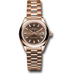  *Pre-Owned* Rolex Everose Gold Lady-Datejust 28 Watch - Domed Bezel - Chocolate Index Dial - President Bracelet