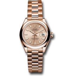  *Pre-Owned* Rolex Everose Gold Lady-Datejust 28 Watch - Domed Bezel - Pink Sundust Index Dial - President Bracelet