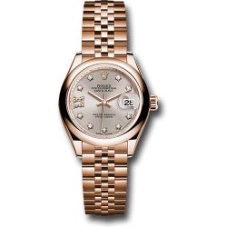  *Pre-Owned* Rolex Everose Gold Lady-Datejust 28 Watch - Domed Bezel - Silver Sundust Diamond Star Dial - Jubilee Bracelet