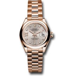  *Pre-Owned* Rolex Everose Gold Lady-Datejust 28 Watch - Domed Bezel - Silver Sundust Diamond Star Dial - President Bracelet