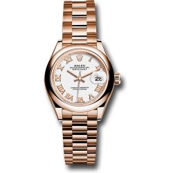  *Pre-Owned* Rolex Everose Gold Lady-Datejust 28 Watch - Domed Bezel - White Roman Dial - President Bracelet