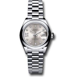  *Pre-Owned* Rolex Platinum Lady-Datejust 28 Watch - Domed Bezel - Silver Diamond Star Dial - President Bracelet