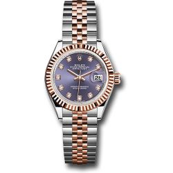  *Pre-Owned* Rolex Steel and Everose Gold Rolesor Lady-Datejust 28 Watch - Fluted Bezel - Aubergine Diamond Dial - Jubilee Bracelet