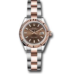  *Pre-Owned* Rolex Steel and Everose Gold Rolesor Lady-Datejust 28 Watch - Fluted Bezel - Chocolate Index Dial - Oyster Bracelet
