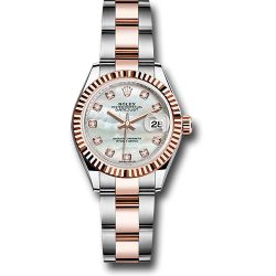  *Pre-Owned* Rolex Steel and Everose Gold Rolesor Lady-Datejust 28 Watch - Fluted Bezel - White Mother-Of-Pearl Diamond Dial - Oyster Bracelet