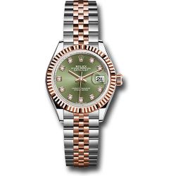  *Pre-Owned* Rolex Steel and Everose Gold Rolesor Lady-Datejust 28 Watch - Fluted Bezel - Olive Green Diamond Dial - Jubilee Bracelet