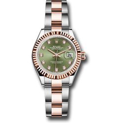 *Pre-Owned* Rolex Steel and Everose Gold Rolesor Lady-Datejust 28 Watch - Fluted Bezel - Olive Green Diamond Dial - Oyster Bracelet