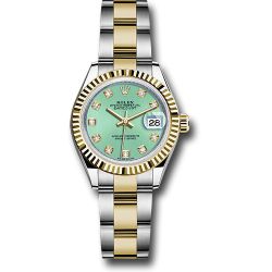 *Pre-Owned* Rolex Steel and Yellow Gold Rolesor Lady-Datejust 28 Watch - Fluted Bezel - Mint Green Diamond Dial - Oyster Bracelet