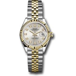  *Pre-Owned* Rolex Steel and Yellow Gold Rolesor Lady-Datejust 28 Watch - Fluted Bezel - Silver Diamond Dial - Jubilee Bracelet