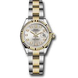  *Pre-Owned* Rolex Steel and Yellow Gold Rolesor Lady-Datejust 28 Watch - Fluted Bezel - Silver Diamond Dial - Oyster Bracelet