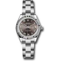  *Pre-Owned* Rolex Steel and White Gold Rolesor Lady-Datejust 28 Watch - Fluted Bezel - Dark Grey Roman Dial - Oyster Bracelet