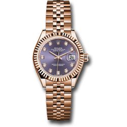  *Pre-Owned* Rolex Everose Gold Lady-Datejust 28 Watch - Fluted Bezel - Aubergine Diamond Dial - Jubilee Bracelet