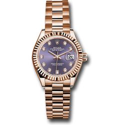  *Pre-Owned* Rolex Everose Gold Lady-Datejust 28 Watch - Fluted Bezel - Aubergine Diamond Dial - President Bracelet