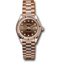  *Pre-Owned* Rolex Everose Gold Lady-Datejust 28 Watch - Fluted Bezel - Chocolate Diamond Star Dial - President Bracelet