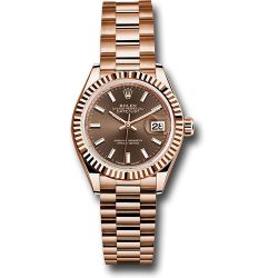  *Pre-Owned* Rolex Everose Gold Lady-Datejust 28 Watch - Fluted Bezel - Chocolate Index Dial - President Bracelet