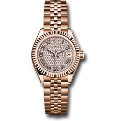  *Pre-Owned* Rolex Everose Gold Lady-Datejust Watch - Fluted Bezel - Diamond-Paved Diamond Roman Dial - Jubilee Bracelet