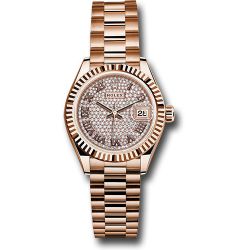  *Pre-Owned* Rolex Everose Gold Lady-Datejust Watch - Fluted Bezel - Diamond-Paved Diamond Roman Dial - President Bracelet
