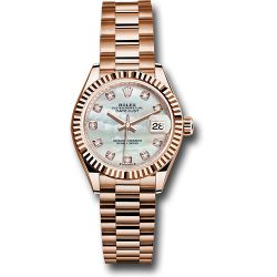  *Pre-Owned* Rolex Everose Gold Lady-Datejust Watch - Fluted Bezel - White Mother-Of-Pearl Diamond Dial - President Bracelet