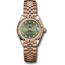  *Pre-Owned* Rolex Everose Gold Lady-Datejust 28 Watch - Fluted Bezel - Olive Green Diamond Dial - Jubilee Bracelet