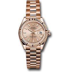  *Pre-Owned* Rolex Everose Gold Lady-Datejust 28 Watch - Fluted Bezel - Pink Sundust Index Dial - President Bracelet