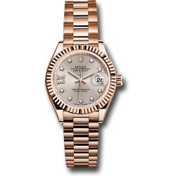  *Pre-Owned* Rolex Everose Gold Lady-Datejust 28 Watch - Fluted Bezel - Silver Sundust Diamond Star Dial - President Bracelet