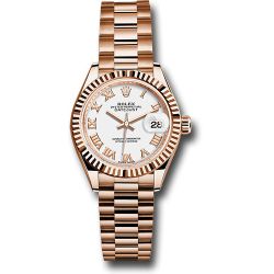  *Pre-Owned* Rolex Everose Gold Lady-Datejust 28 Watch - Fluted Bezel - White Roman Dial - President Bracelet