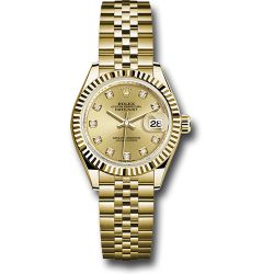 *Pre-Owned* Rolex Yellow Gold Lady-Datejust 28 Watch - Fluted Bezel - Champagne Diamond Dial - Jubilee Bracelet
