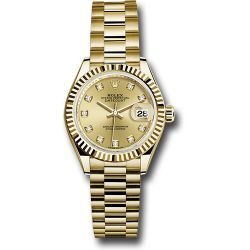  *Pre-Owned* Rolex Yellow Gold Lady-Datejust 28 Watch - Fluted Bezel - Champagne Diamond Dial - President Bracelet