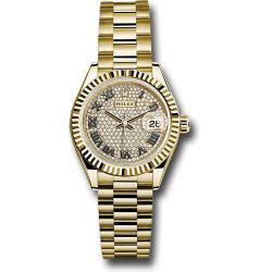  *Pre-Owned* Rolex Yellow Gold Lady-Datejust 28 Watch - Fluted Bezel - Diamond Paved Roman Dial - President Bracelet