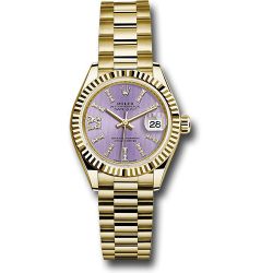  *Pre-Owned* Rolex Yellow Gold Lady-Datejust 28 Watch - Fluted Bezel - Lilac Stripe Diamond Index Dial - President Bracelet