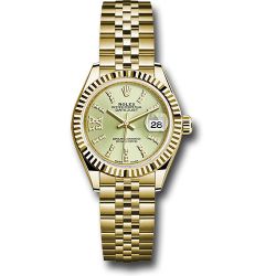  *Pre-Owned* Rolex Yellow Gold Lady-Datejust 28 Watch - Fluted Bezel - Linden Green Strip Diamond Index Dial - Jubilee Bracelet
