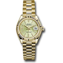  *Pre-Owned* Rolex Yellow Gold Lady-Datejust 28 Watch - Fluted Bezel - Linden Green Strip Diamond Index Dial - President Bracelet