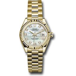  *Pre-Owned* Rolex Yellow Gold Lady-Datejust 28 Watch - Fluted Bezel - Mother-of-Pearl Diamond Dial - President Bracelet